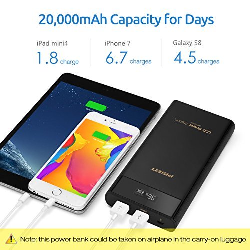 PISEN Power Bank 20000mAh, USB Portable Charger, Battery Pack with LCD Display, Large Size External Battery Charger with Dual USB for iPhone, iPad, Samsung...
