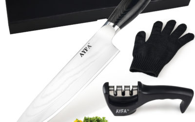 Chef Knife 8″ Damascus Steel Sharp Professional  Japanese Blade Material VG10 with Knife Sharpener 3-Stage & Resistant Glove Included by  AYFA