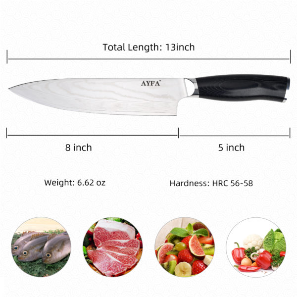 Chef Knife 8" Damascus Steel Sharp Professional Japanese Blade Material VG10 with Knife Sharpener 3-Stage & Resistant Glove Included by AYFA