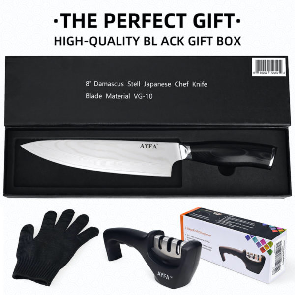 Chef Knife 8" Damascus Steel Sharp Professional Japanese Blade Material VG10 with Knife Sharpener 3-Stage & Resistant Glove Included by AYFA