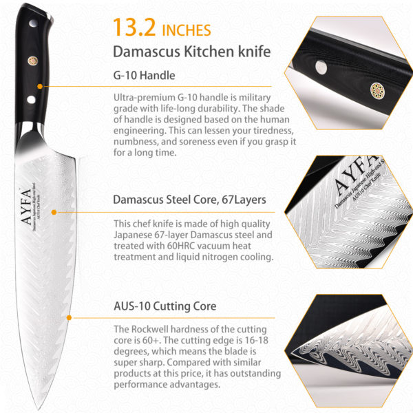 Chef Knife 8 Inch Damascus Japanese High-end Steel Material AUS10 Stainless Steel Blade by AYFA.