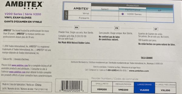 Gloves Ambitex Large Powder-Free Vinyl Exam V200-LG 100pcs by AYFA
